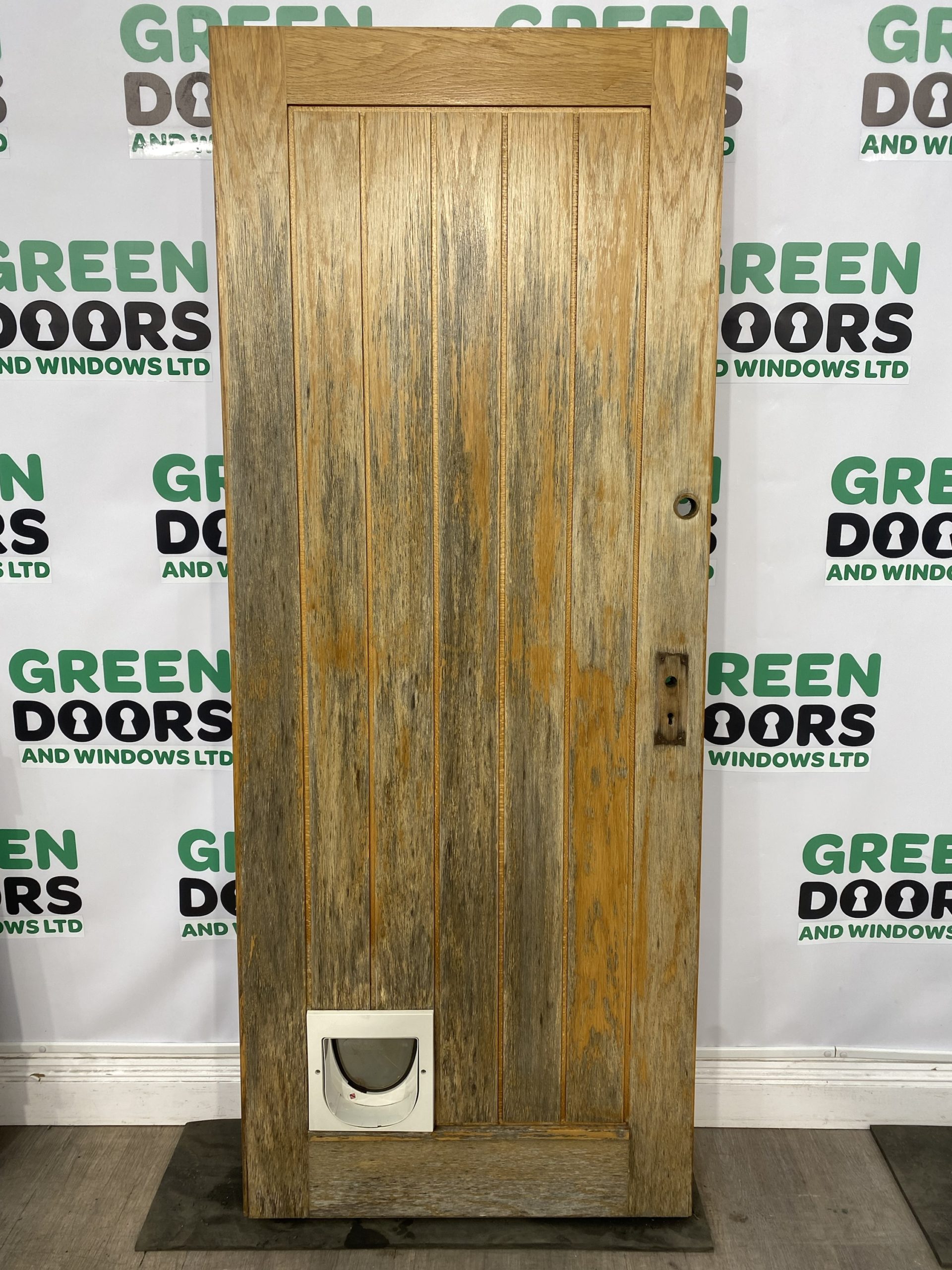 Wooden Front Entrance Door Oak Veneer External Exterior Catflap Used