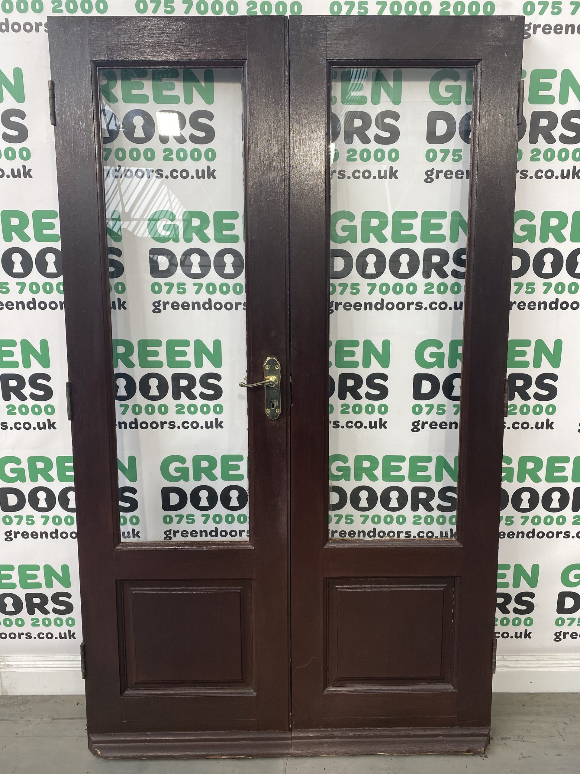 FRENCH DOORS WOODEN HARDWOOD BROWN EXTERNAL EXTERIOR CLEAR HALF PANEL