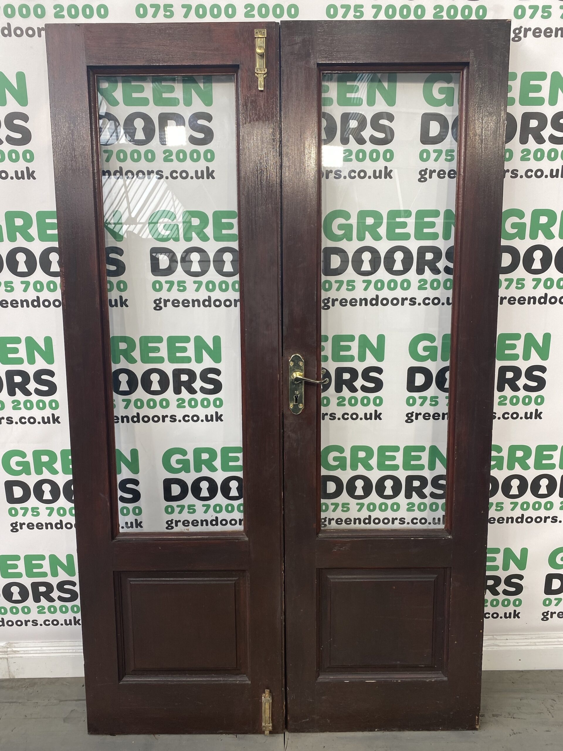 FRENCH DOORS WOODEN HARDWOOD BROWN EXTERNAL EXTERIOR CLEAR HALF PANEL