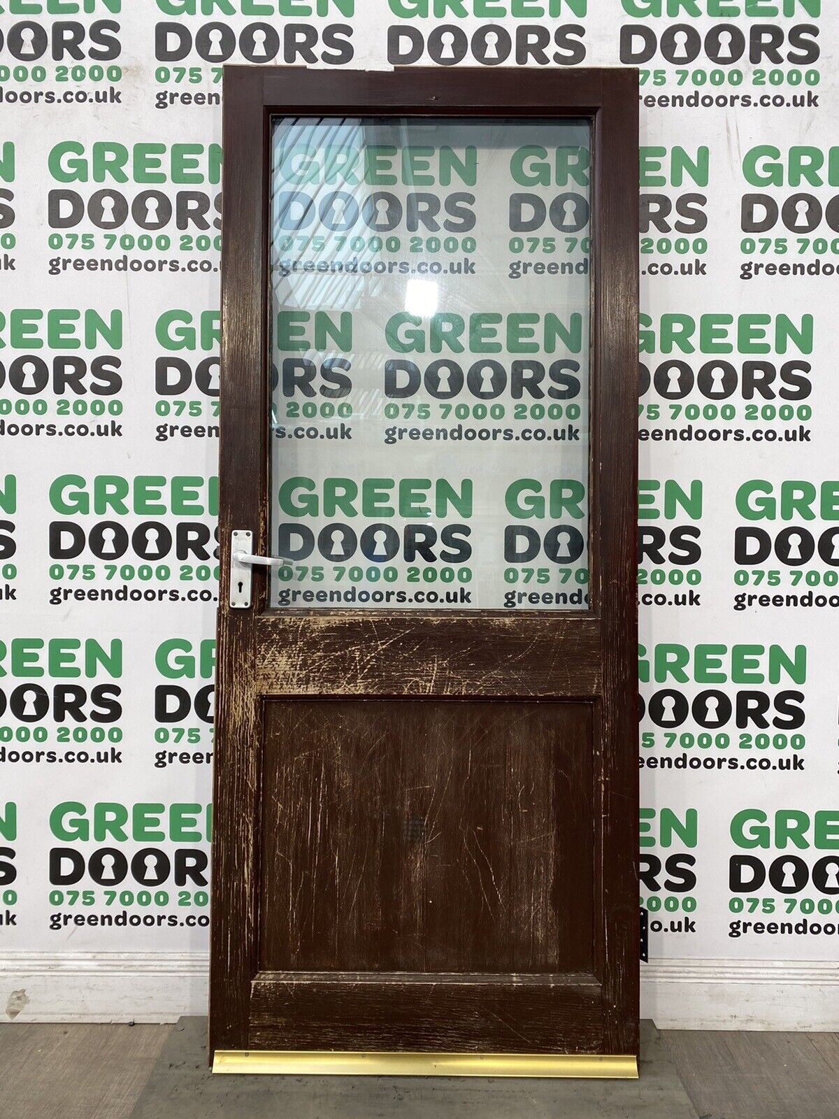 WOODEN BACK DOOR HARDWOOD BROWN USED BESPOKE HALF PANEL DOUBLE GLAZED